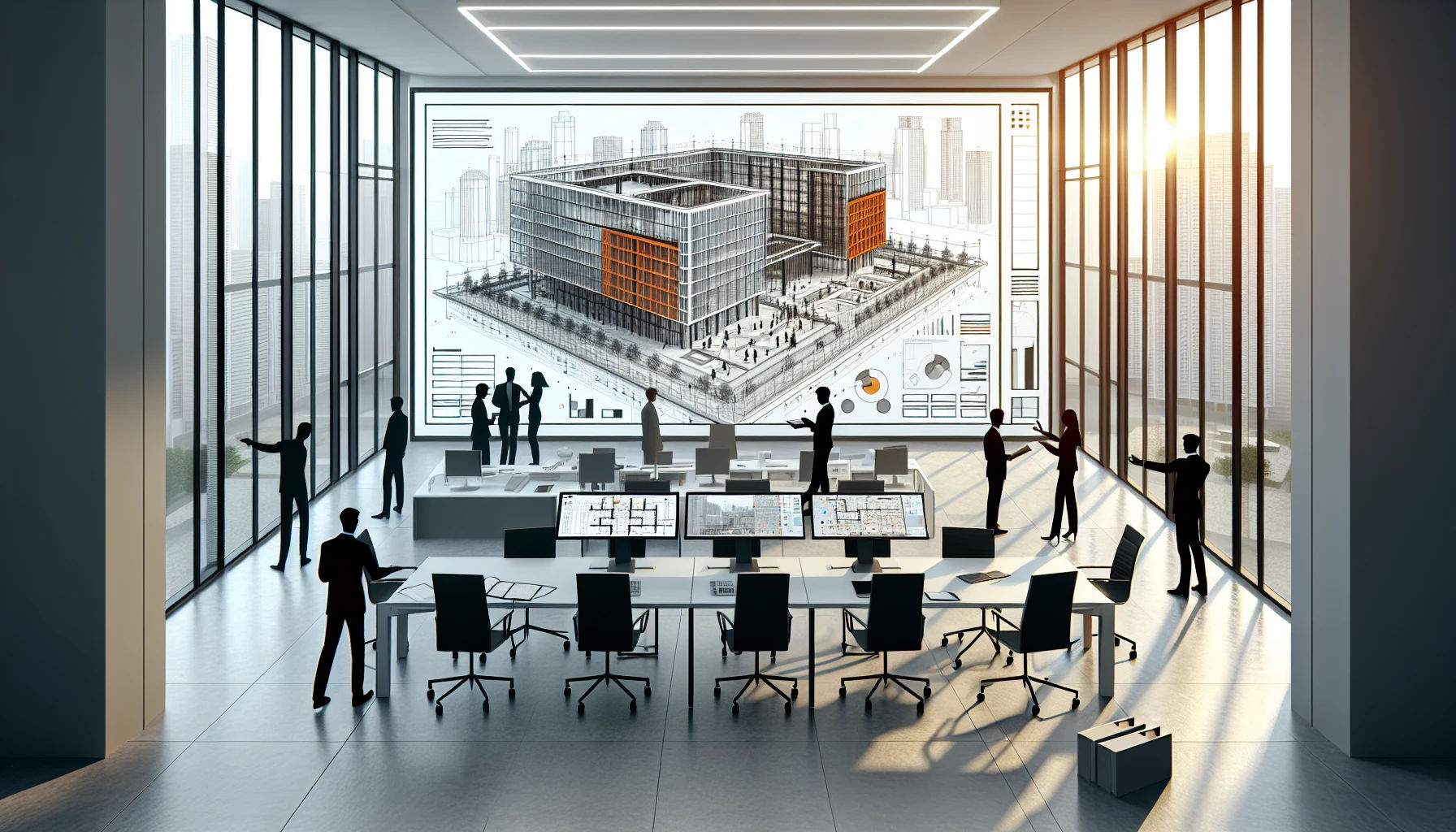 BIM and construction management office with interactive display and managers