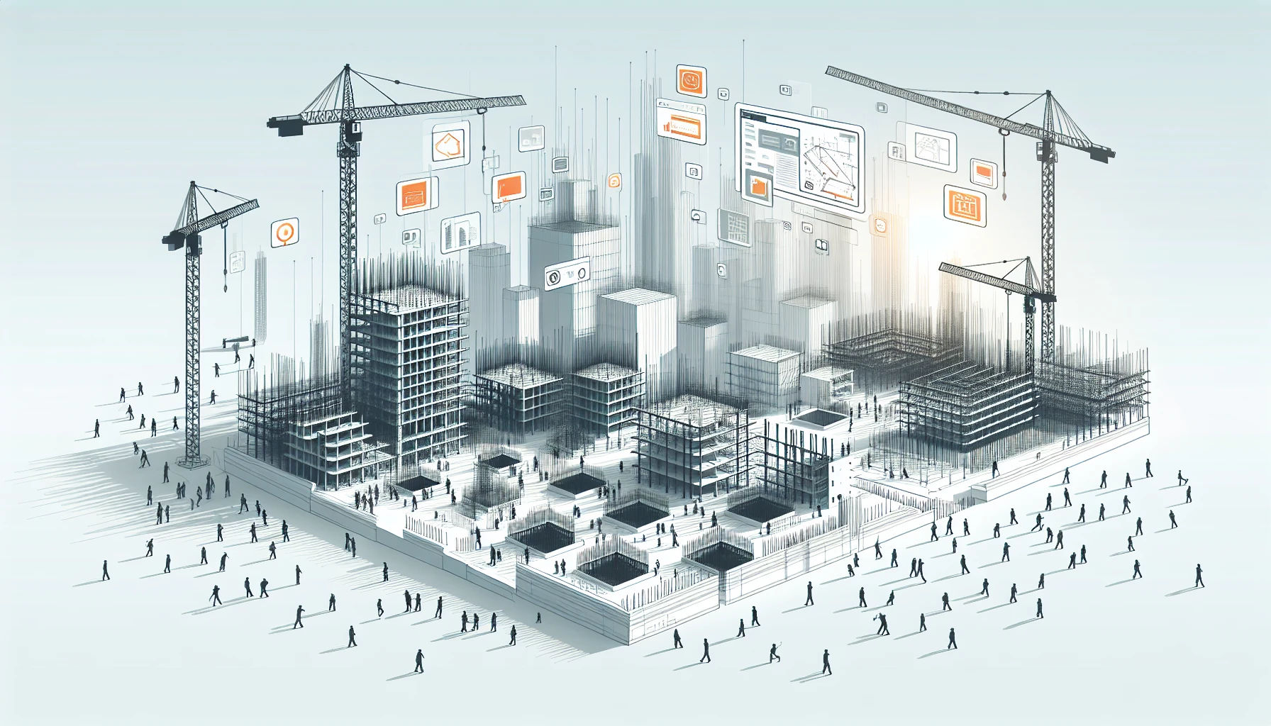 BIM and construction management illustration with basic building structures and workers