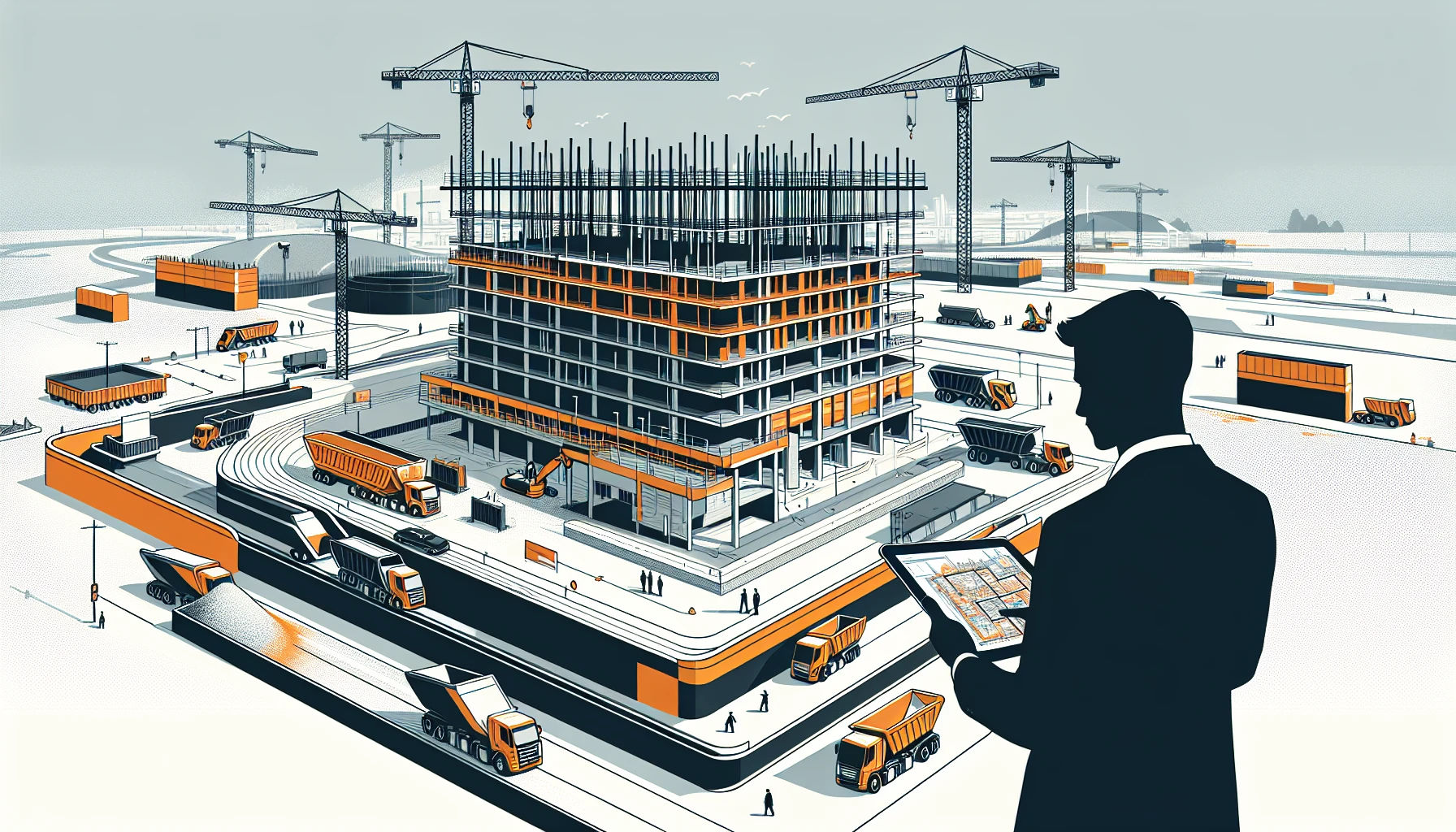 BIM and construction management scene with machinery and manager with tablet