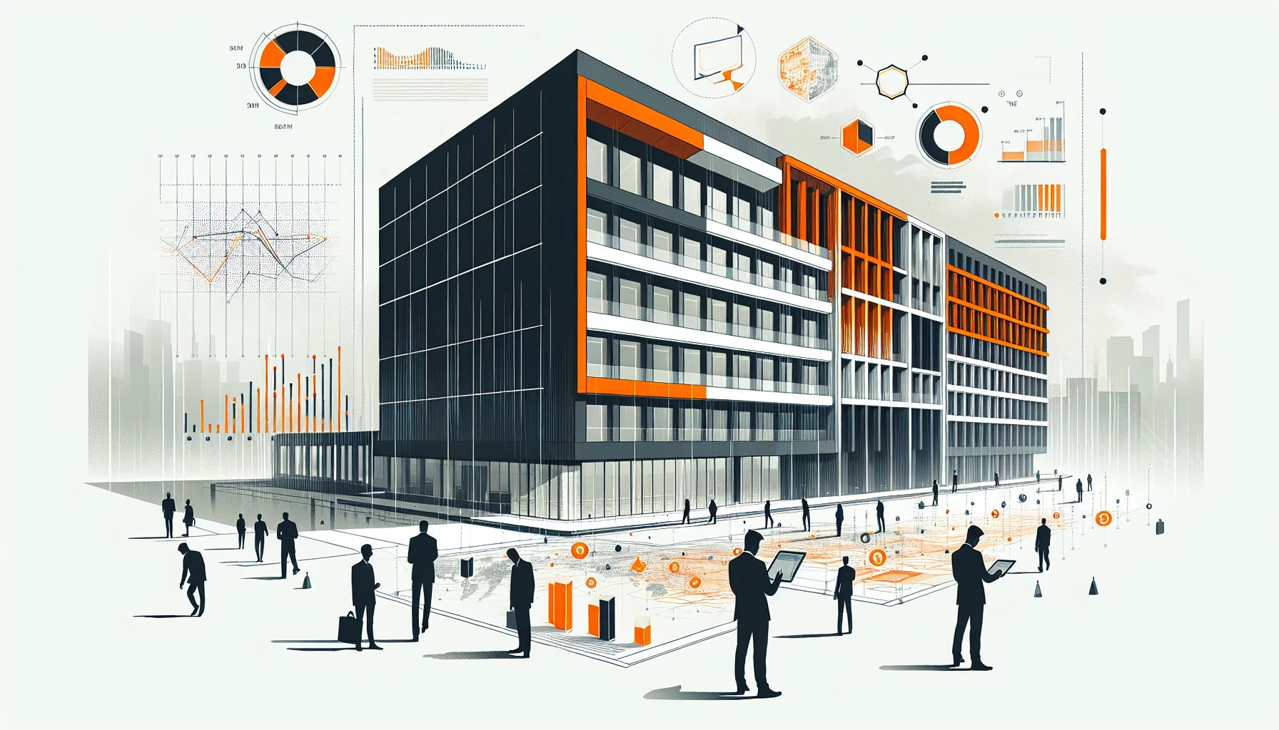 BIM and construction management illustration with managers and building facade