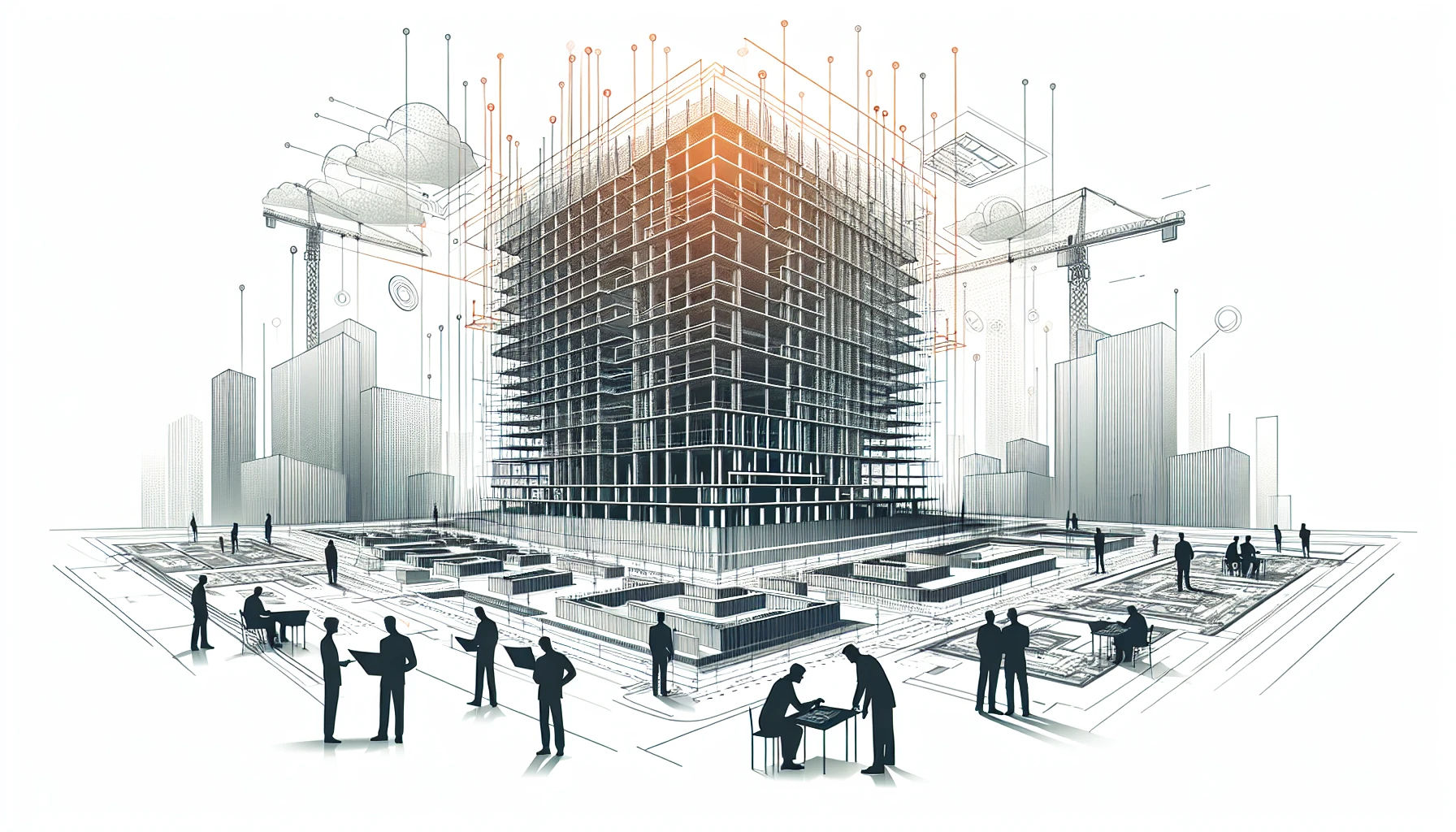 BIM and construction management illustration with abstract site and figures