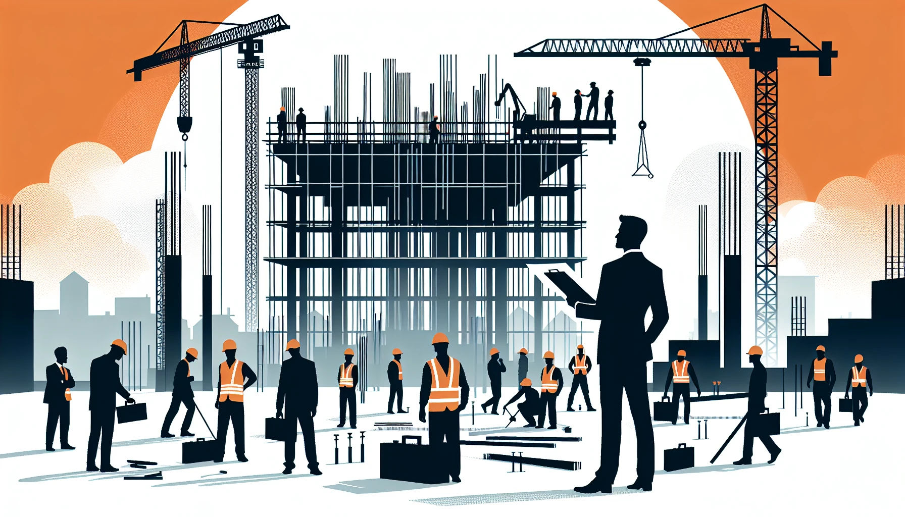 Building and construction management illustration with manager and workers on site
