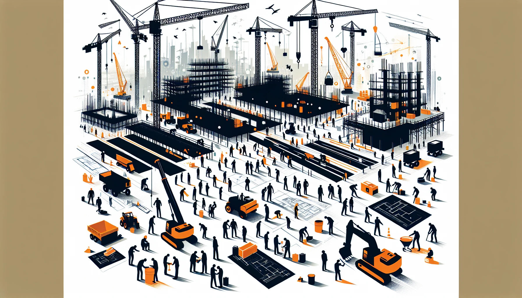 Building and construction management illustration with cranes and subcontractors
