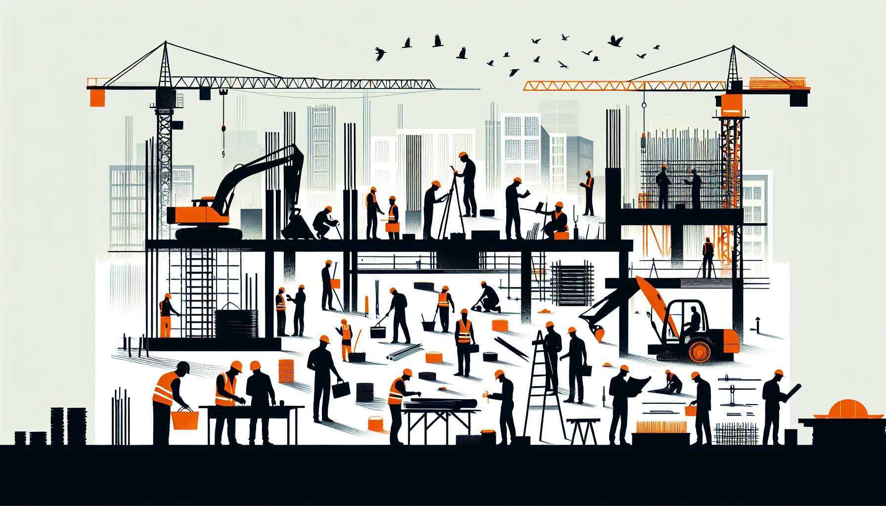Building and construction management illustration with workers and crane
