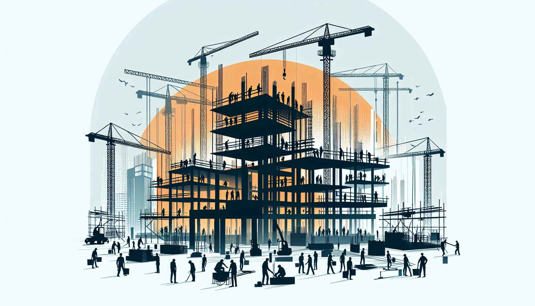 Building and construction management site with silhouetted figures and cranes