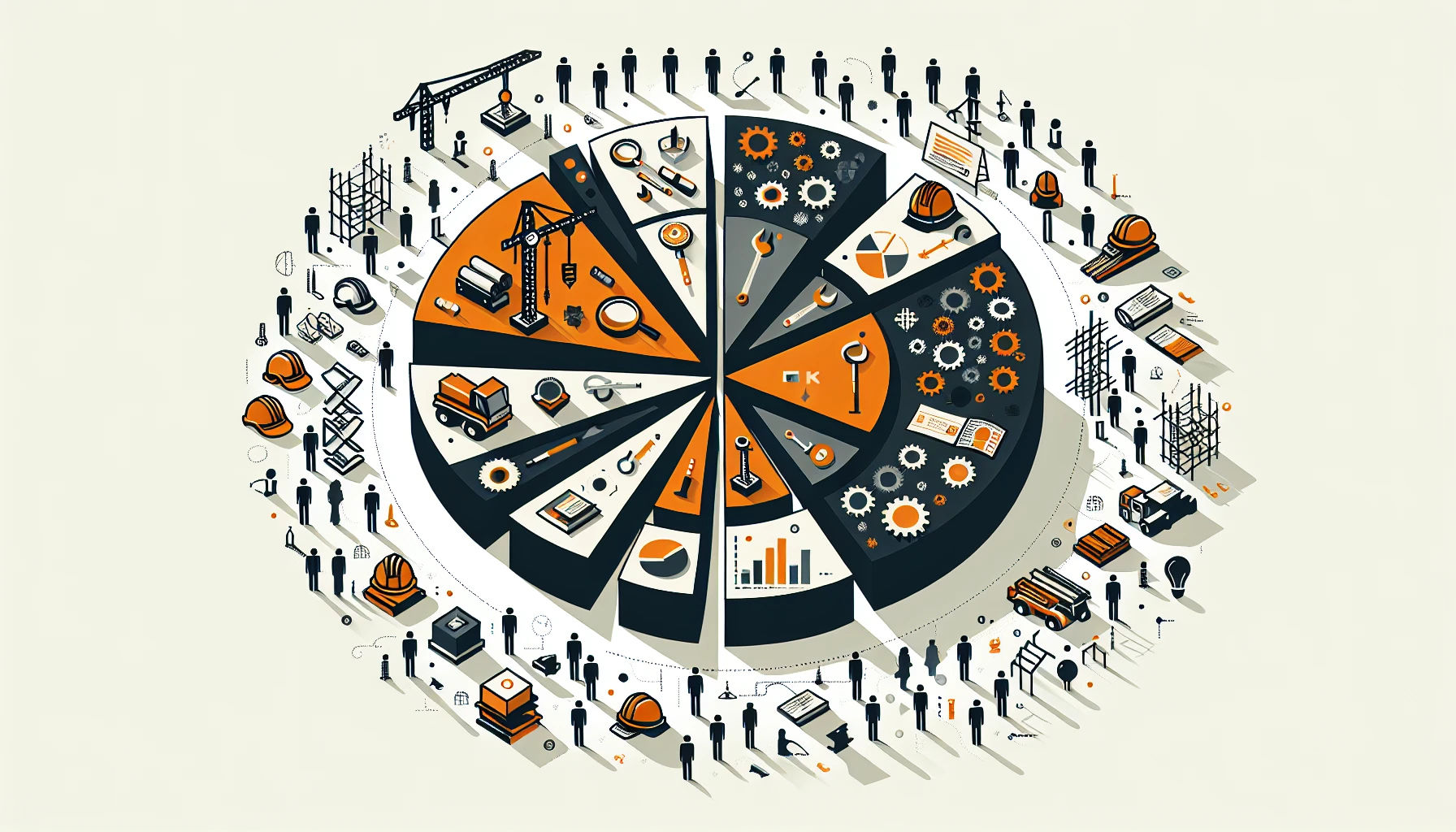 Change management strategies pie chart with construction elements