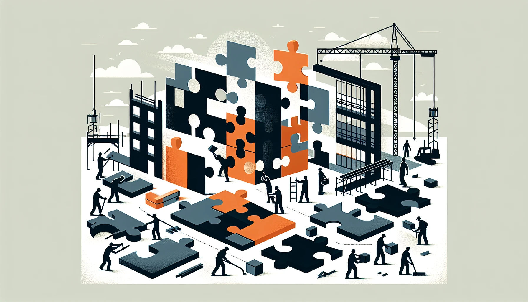 Commercial management in construction site illustration with workers and puzzle pieces