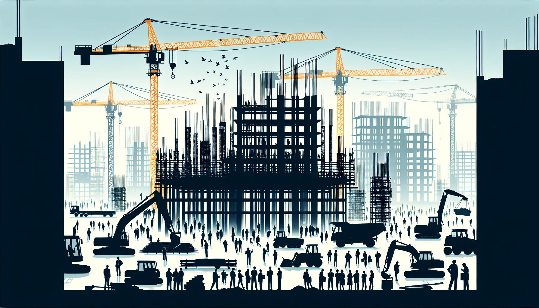 Commercial management in construction site with cranes and workers