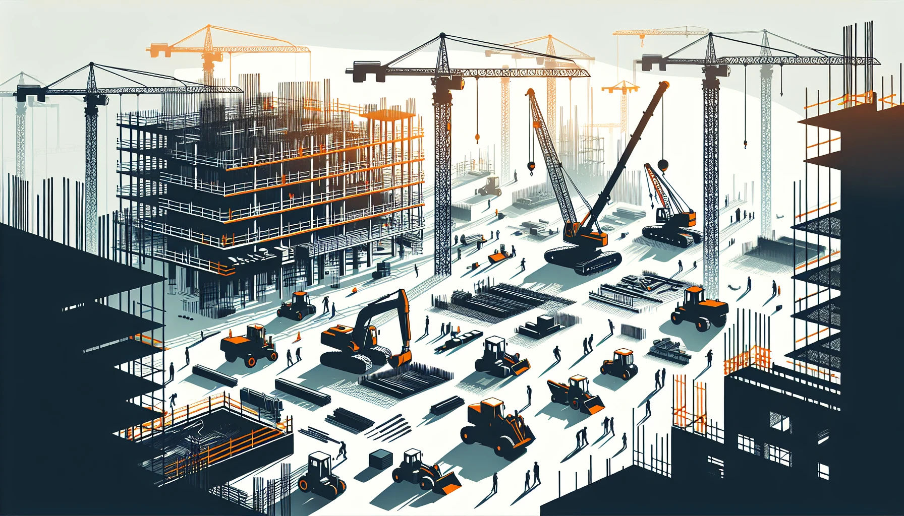 Construction design management site with cranes and bulldozers