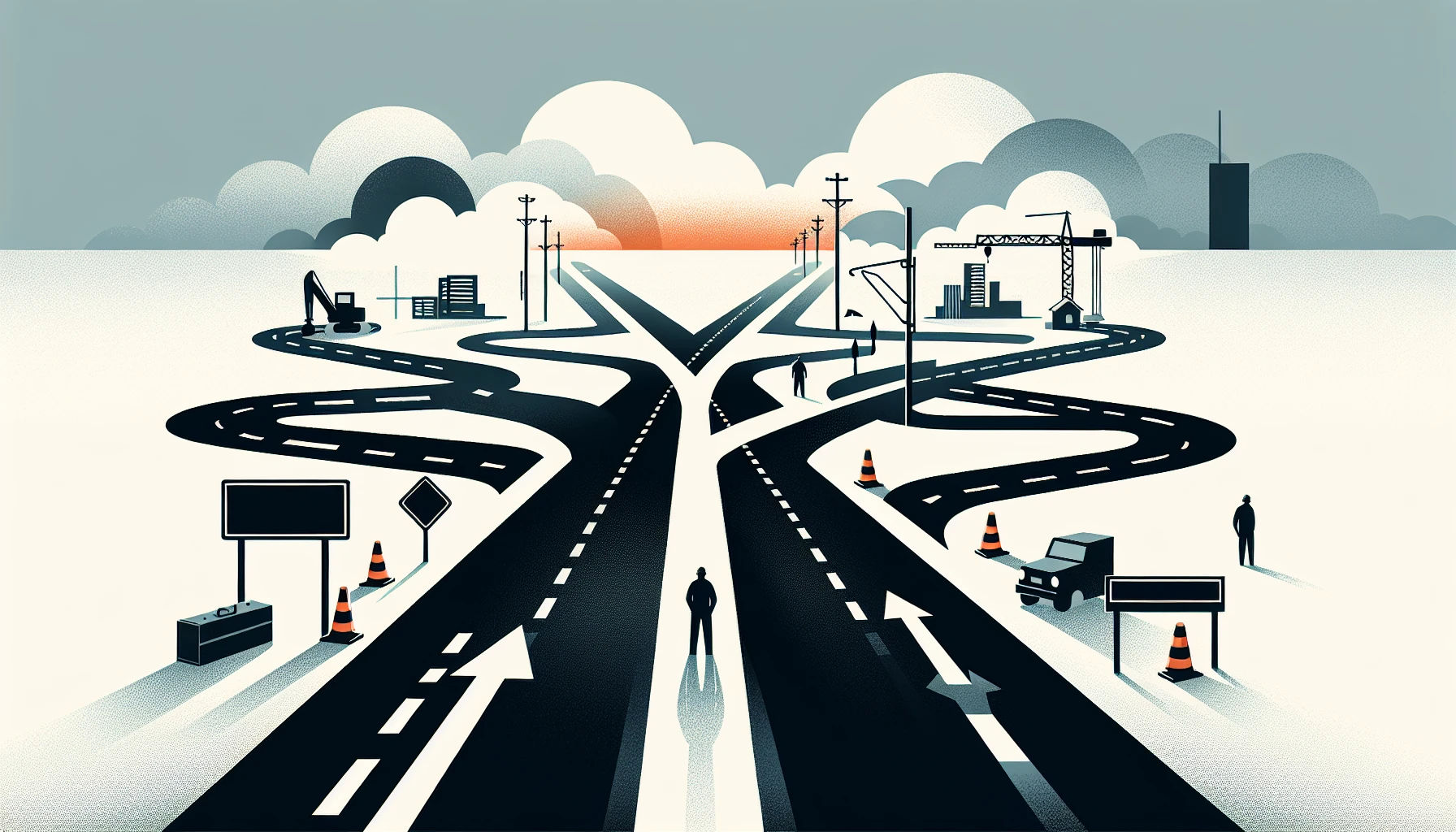 Construction design management illustration with diverging paths and worker silhouettes