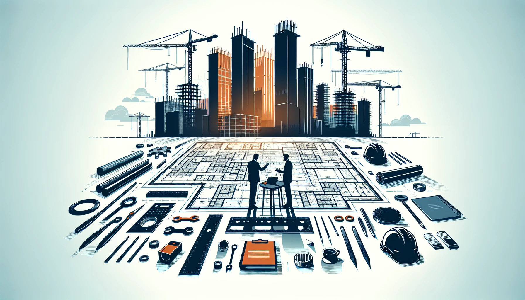 Construction engineering and project management scene with blueprint and tools