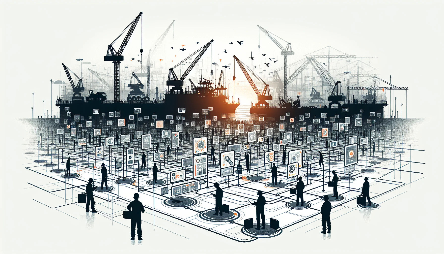 Construction engineering and project management illustration with workers and digital interfaces
