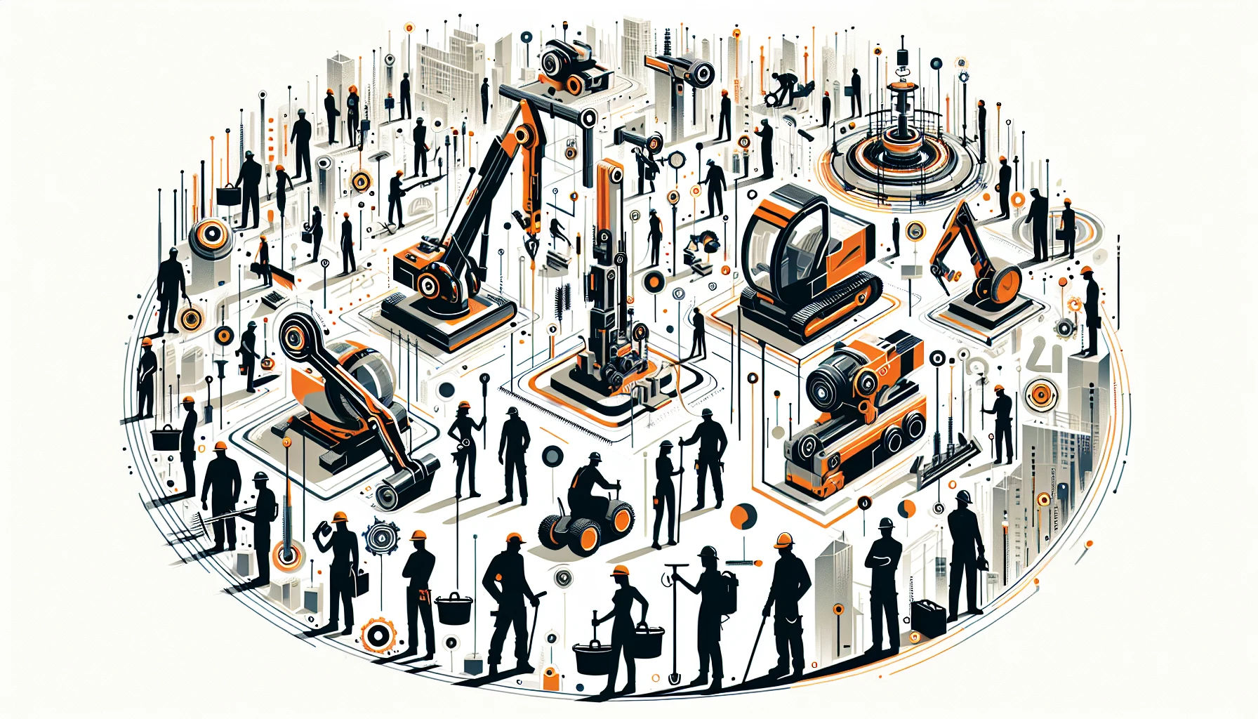 Construction field management illustration with workers and high-tech tools