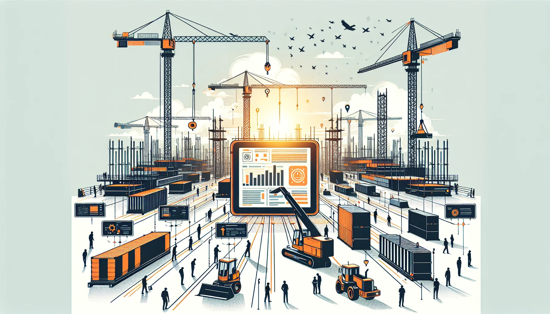 Construction field management illustration with cranes and workers
