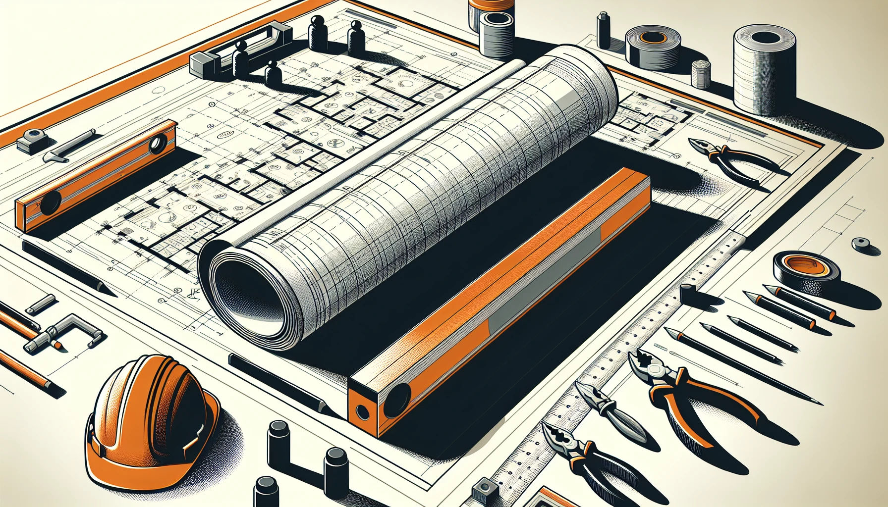 Construction field management blueprint with tools