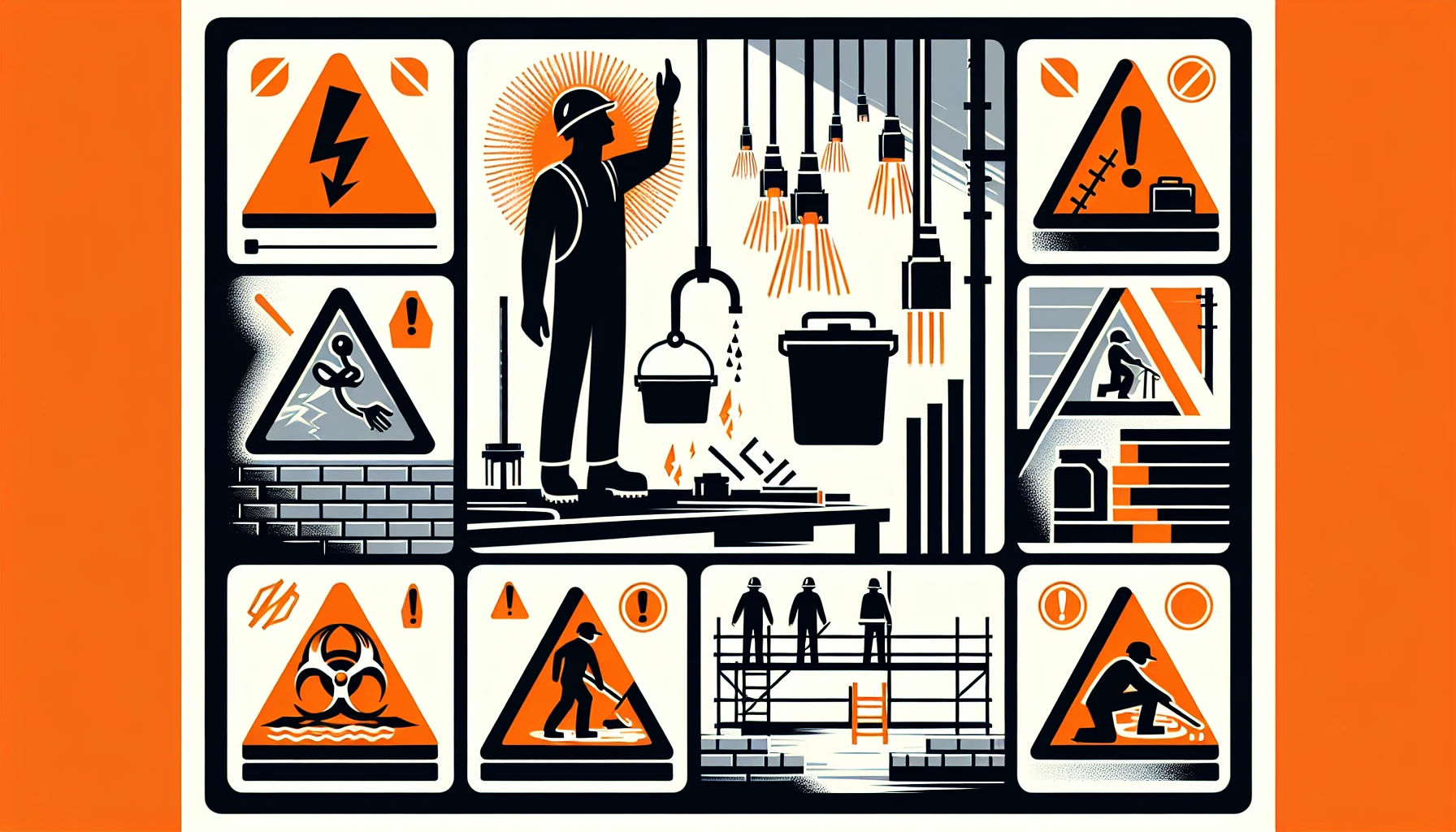 Construction field management illustration with worker and safety hazards