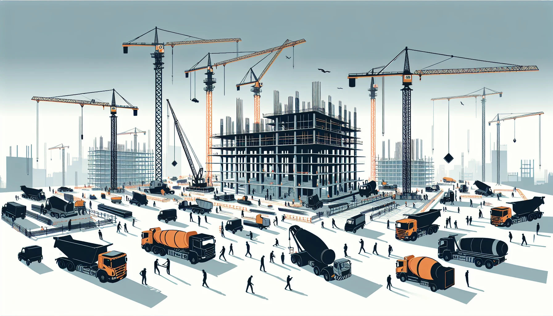 Construction field management site with cranes and workers