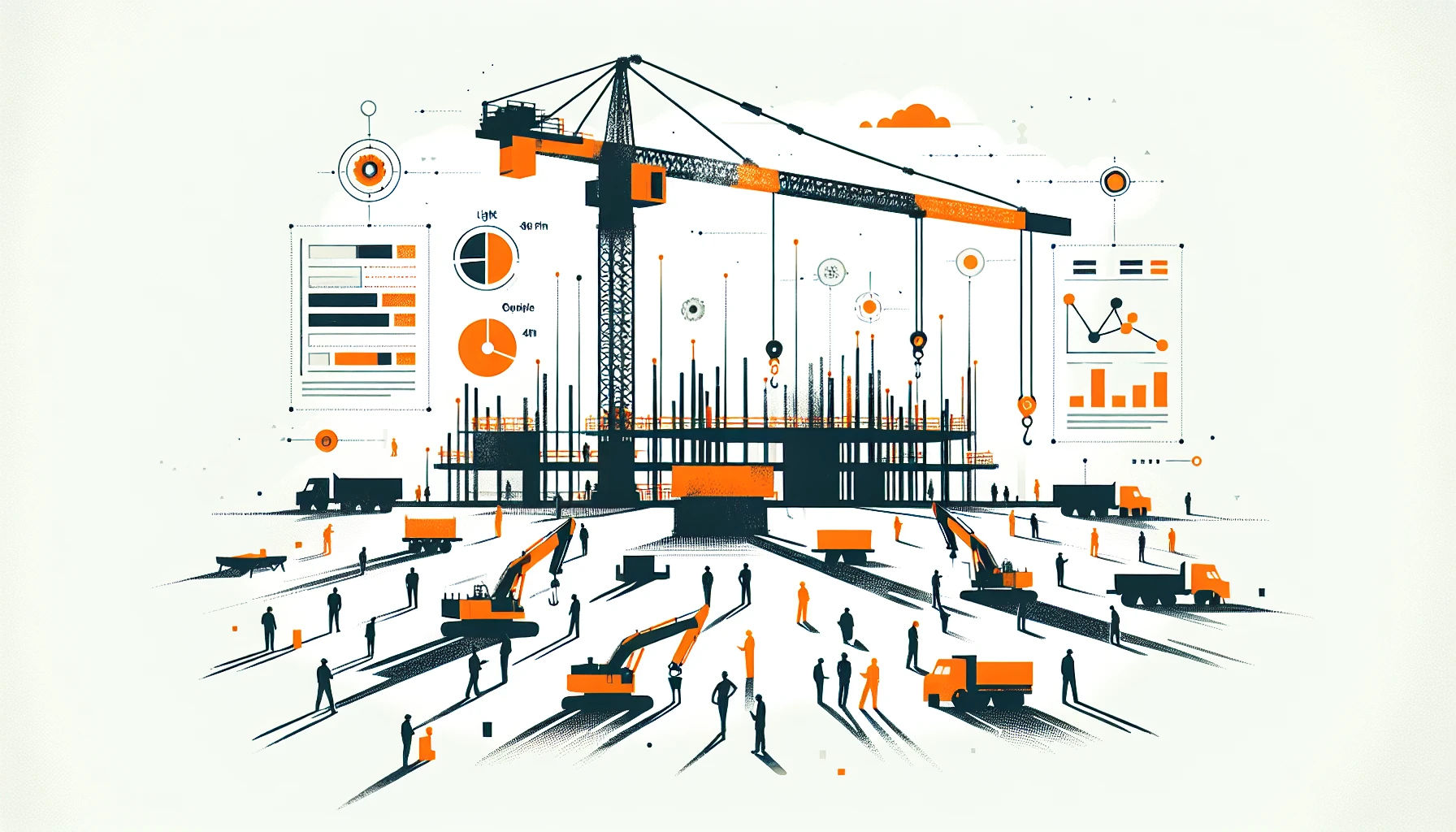 Construction project data visualization with crane and workers