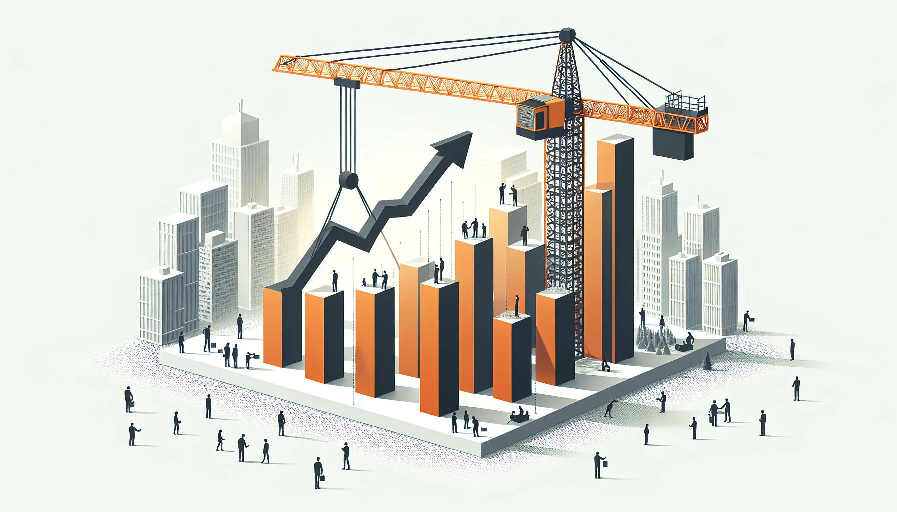 Construction project data illustration with crane and 3D graph