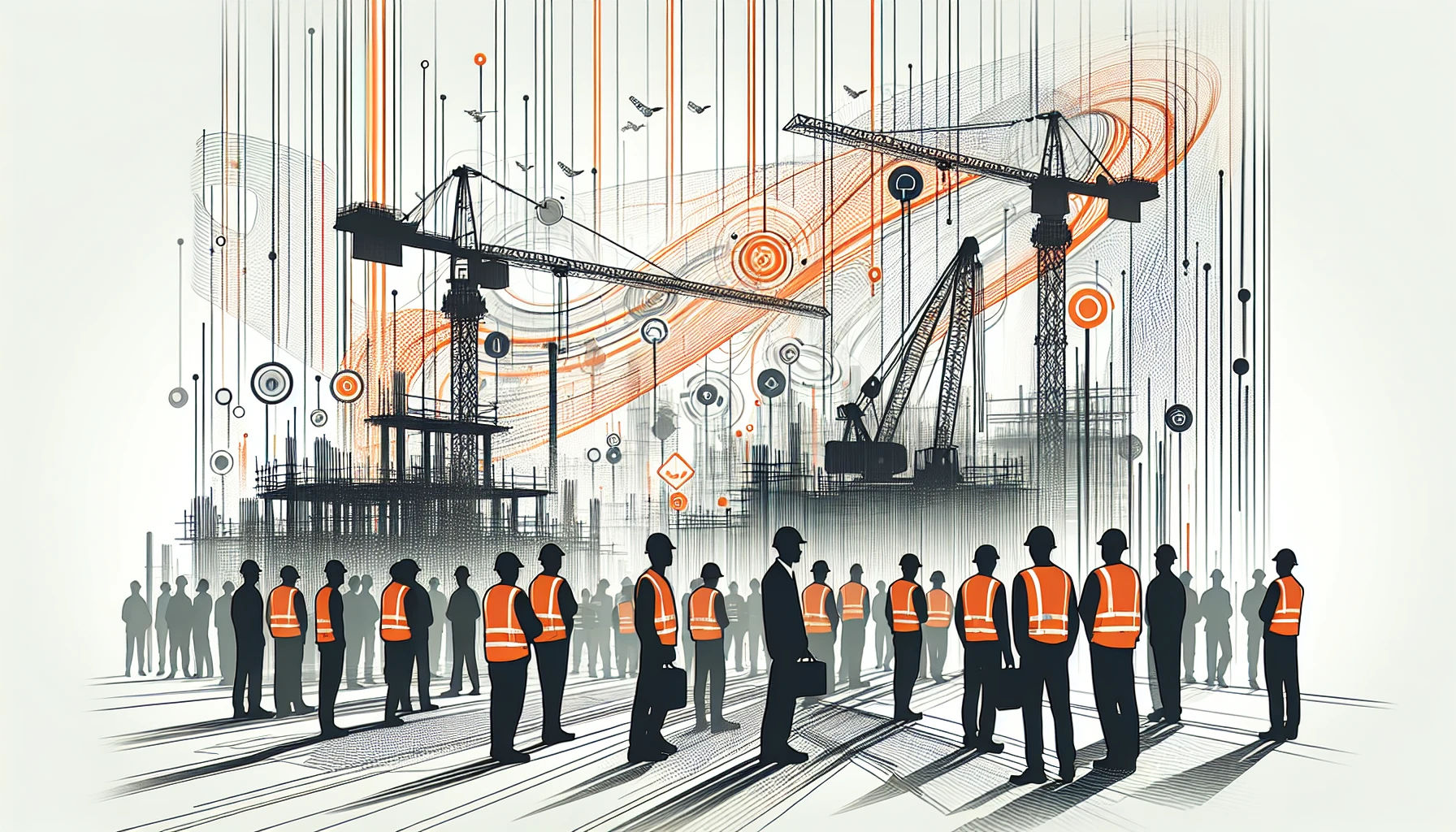 Construction project data illustration with workers and machinery