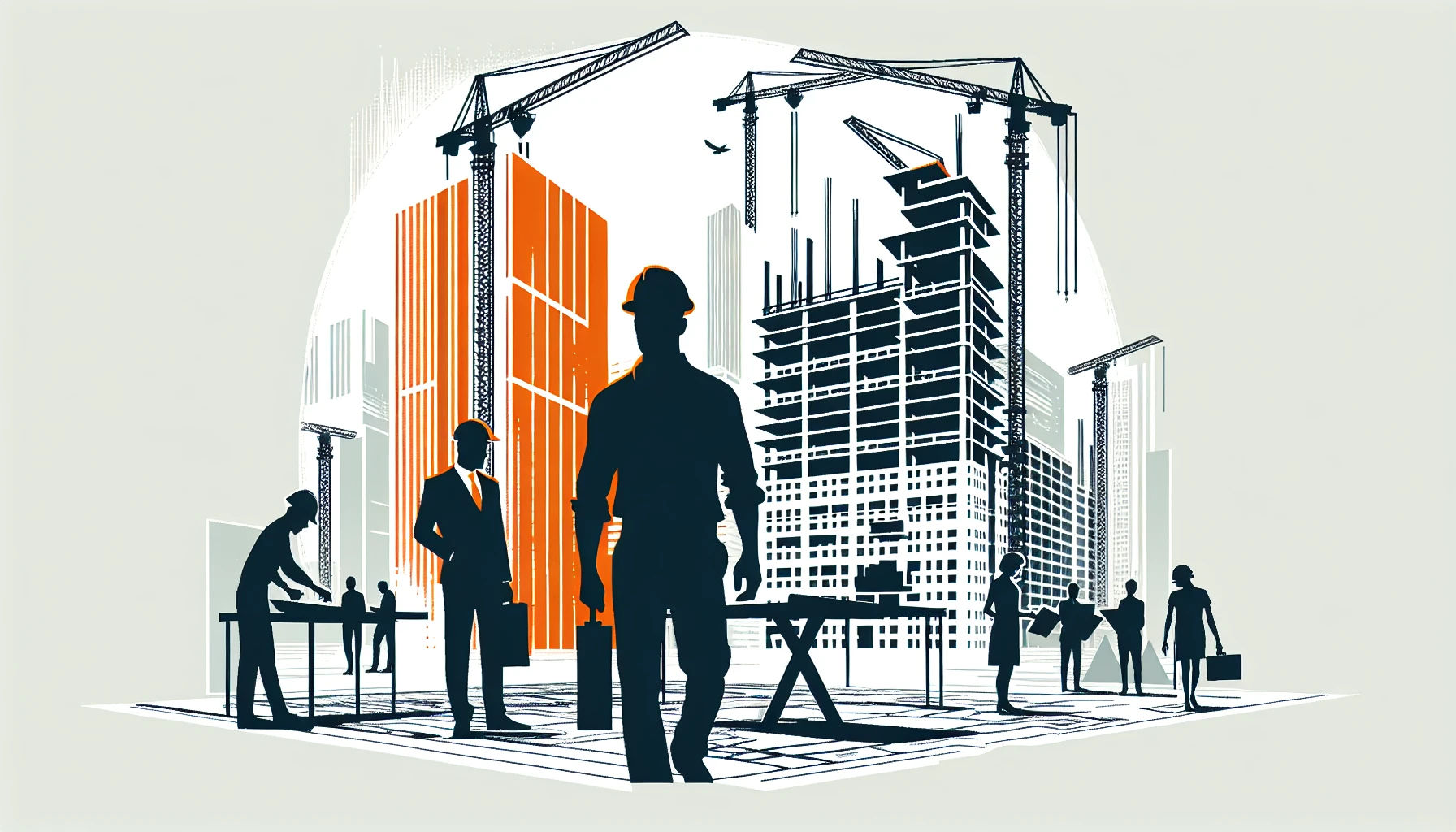 Construction property management scene with workers and blueprint