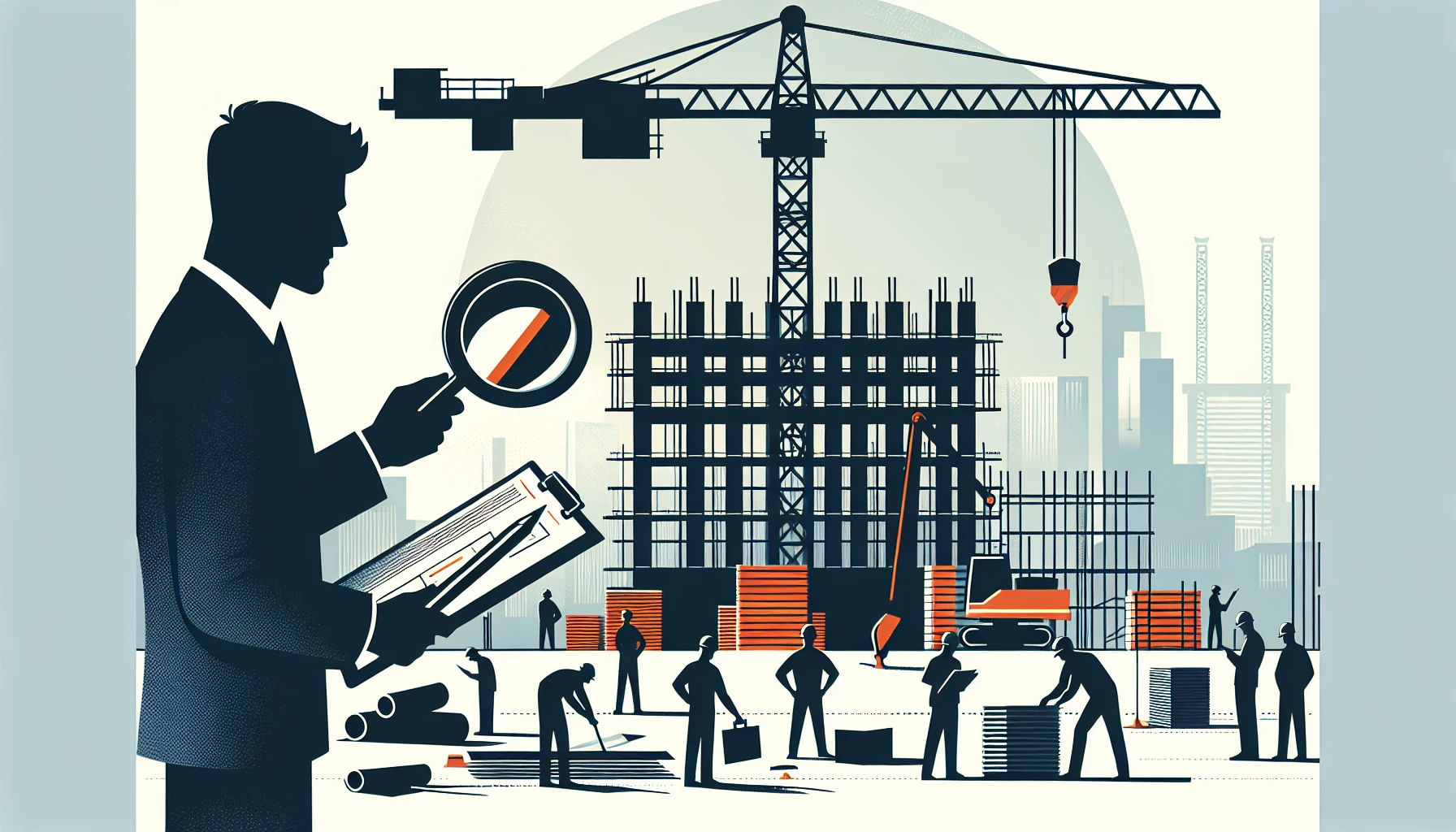 Construction property management site with workers and crane
