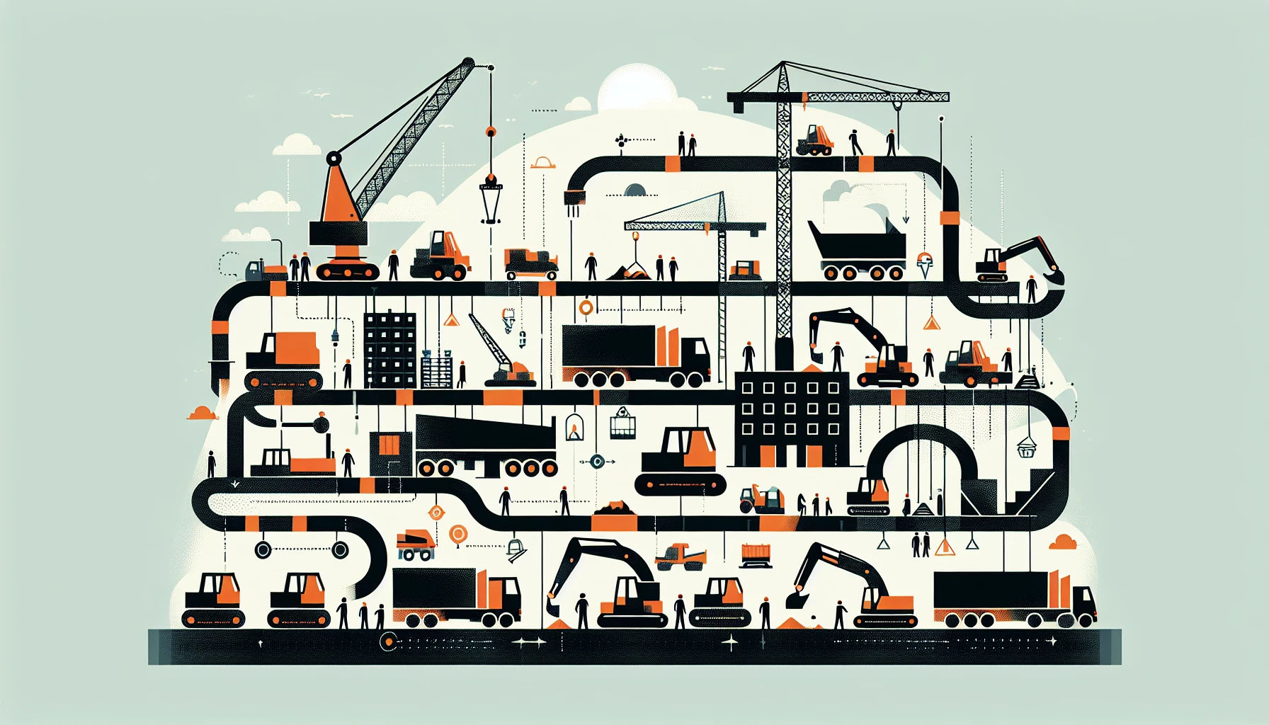 Construction site management system illustration with cranes and trucks