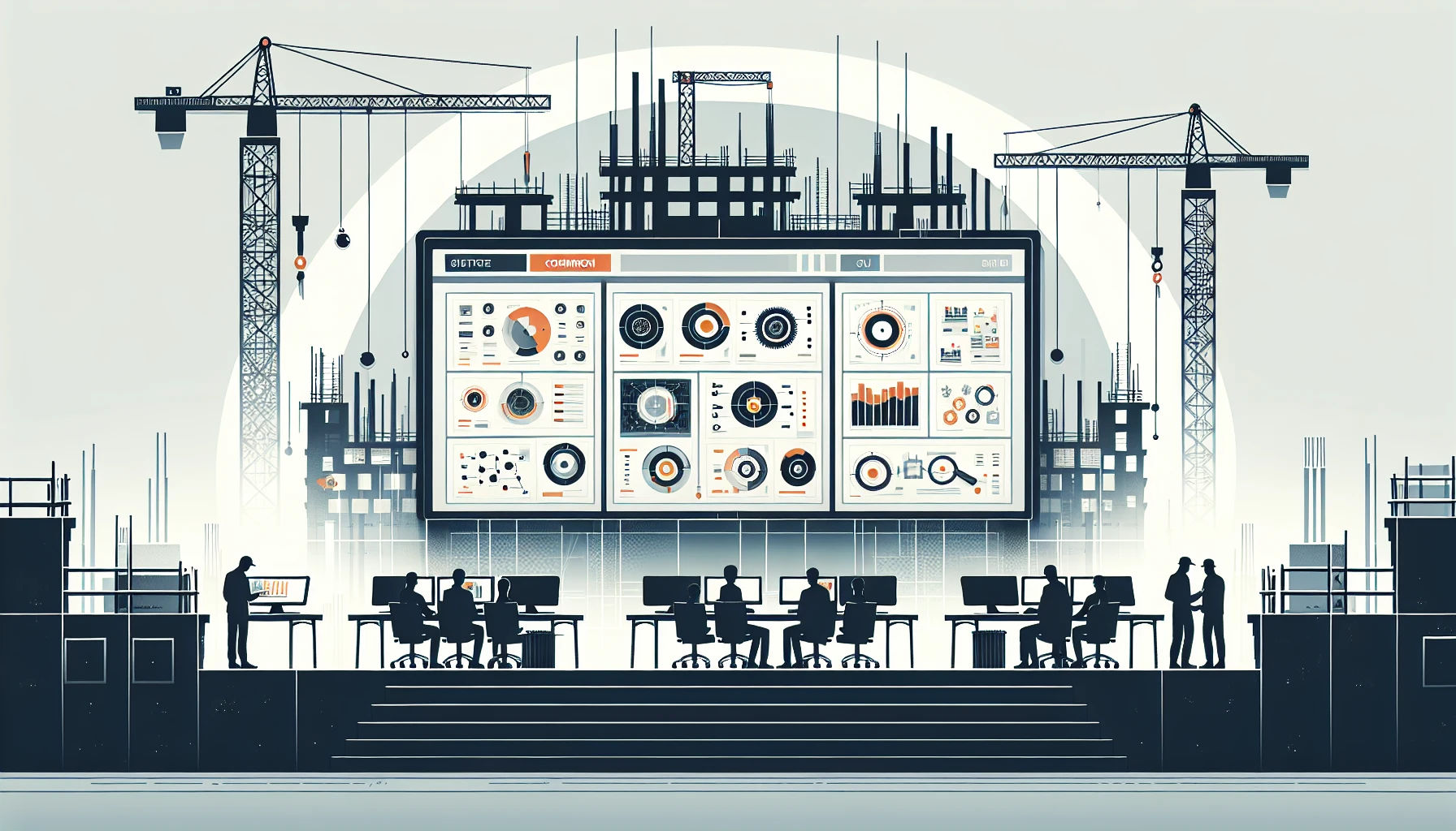 Construction site management system illustration with command center and workers