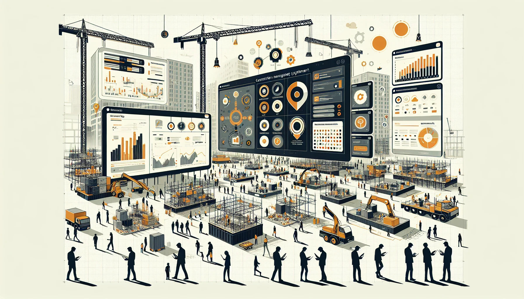Construction site management system illustration with workers and dashboard