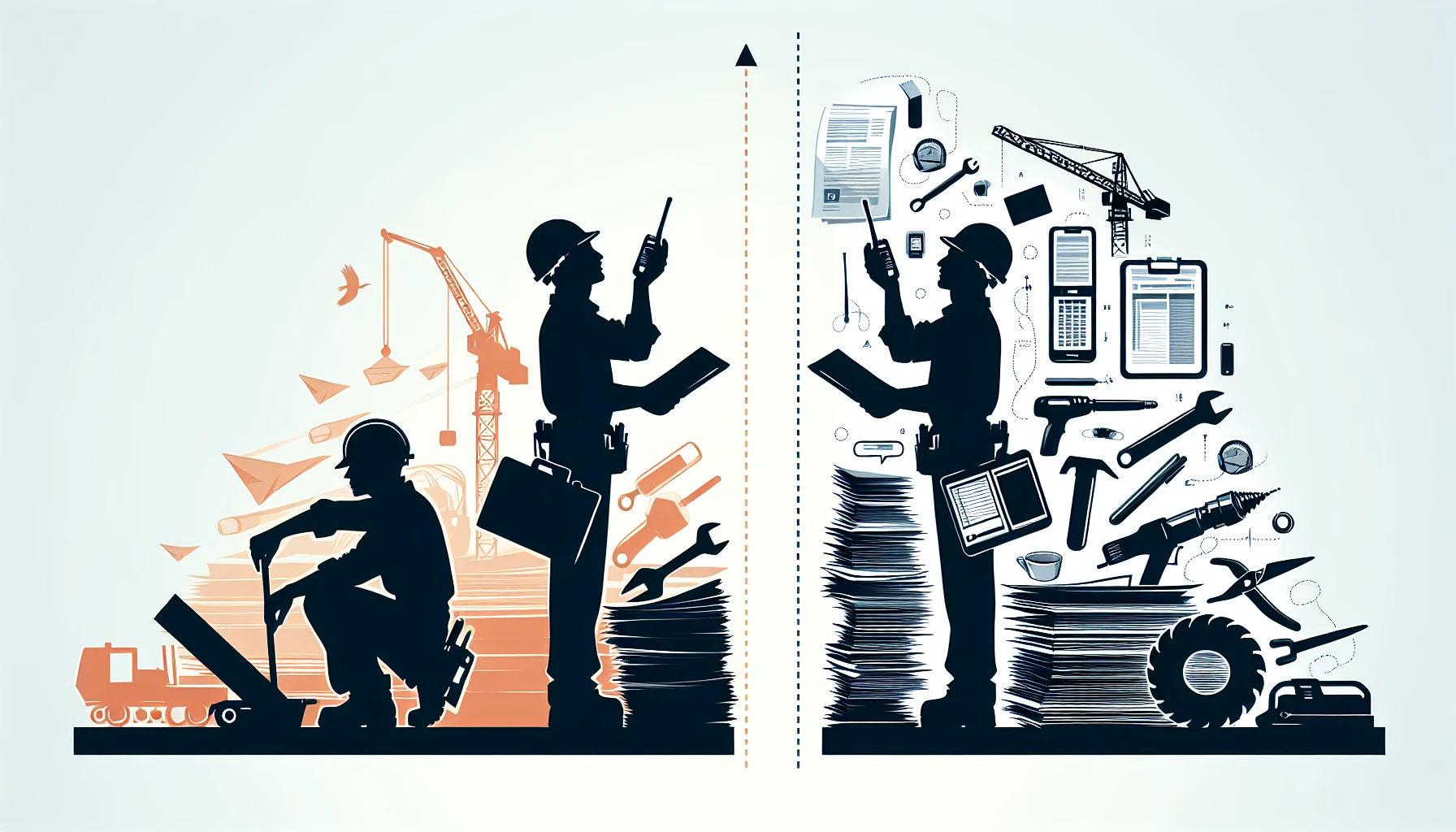 Project management in construction industry illustration with workers and evolving tools