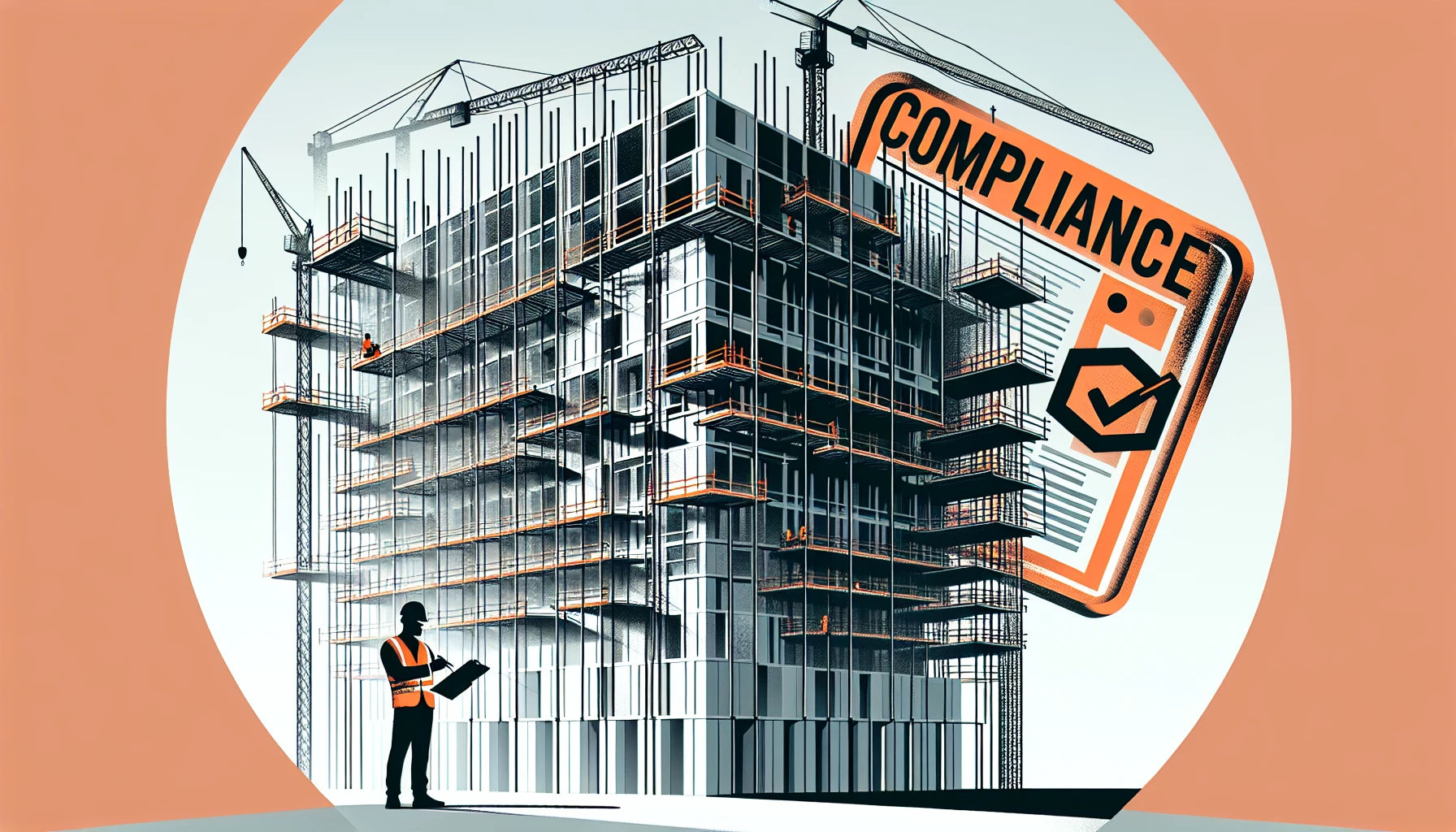 Project management in construction industry illustration with worker and compliance stamp