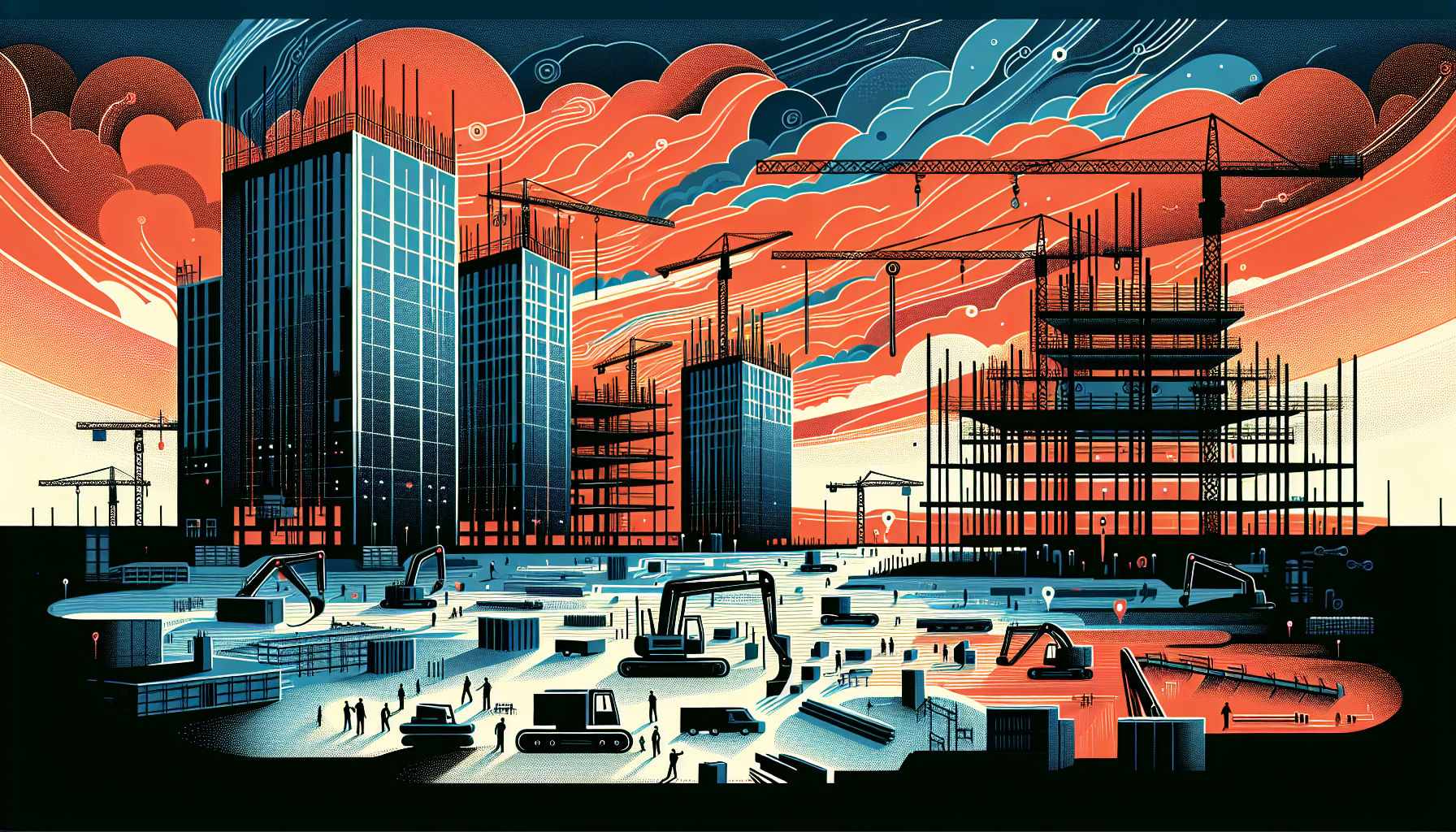 Illustration showing benefits of ERP in construction industry with a modern site at dawn