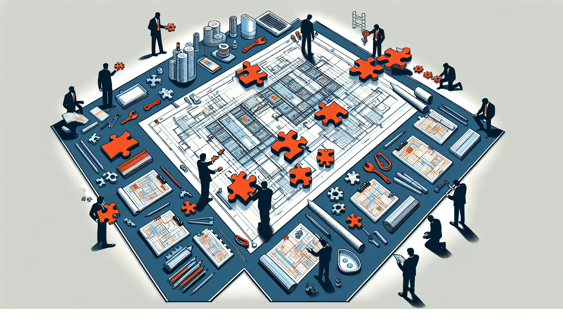 Illustration showing benefits of ERP in construction industry with a blueprint and virtual puzzle pieces