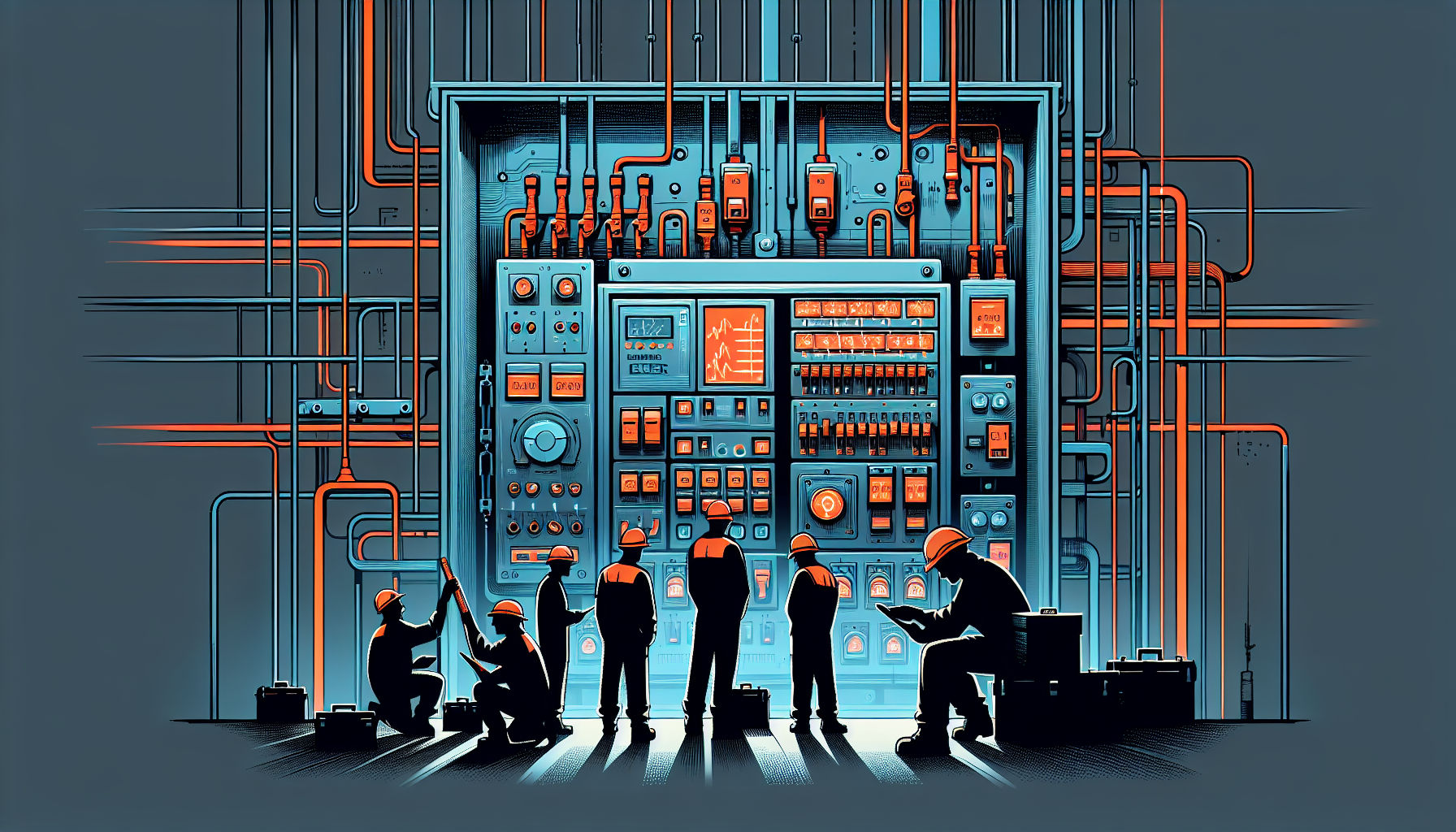 Illustration of electrical subcontractors around an industrial panel for a circuit breaker sizing guide