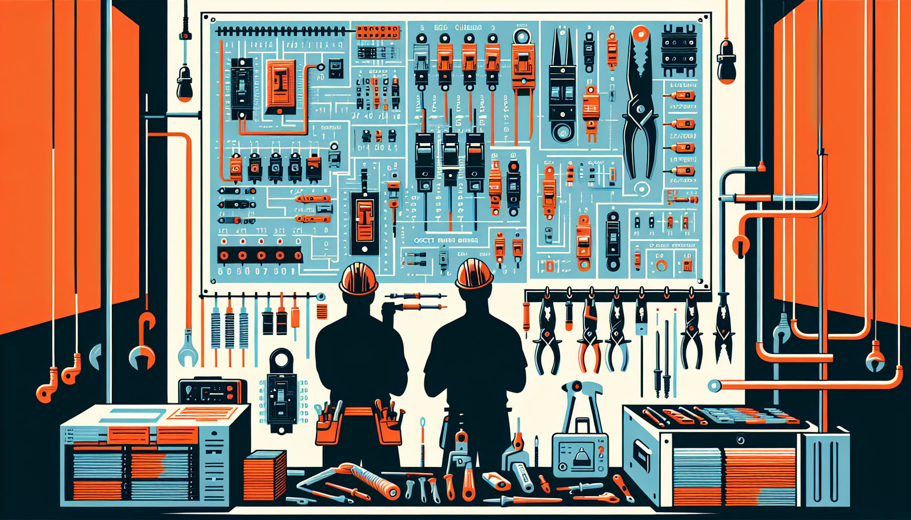 Electrician's workspace illustration focused on circuit breaker sizing guide