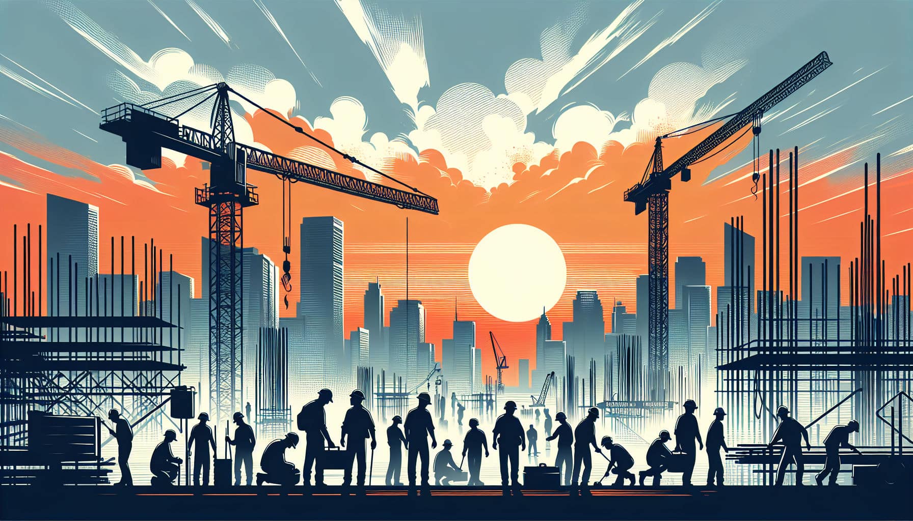Illustration of construction site at sunset emphasizing construction site rules example