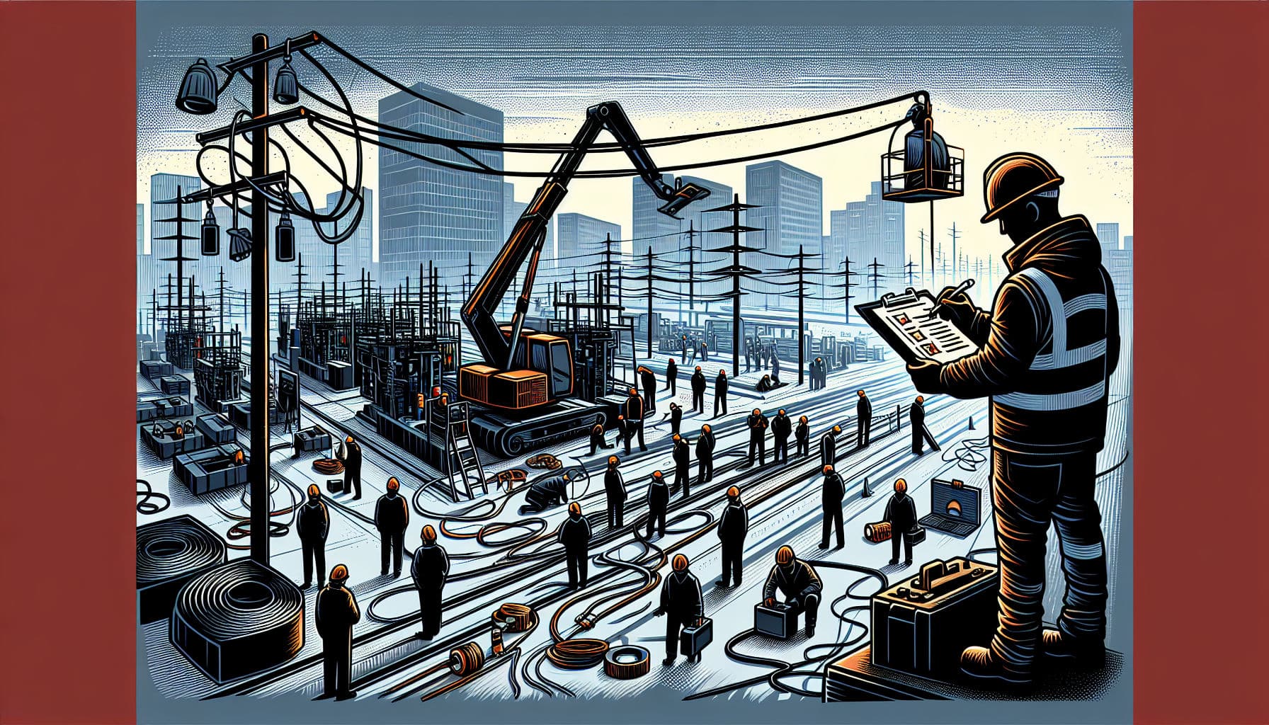 Illustration of workers following construction site rules for electrical safety