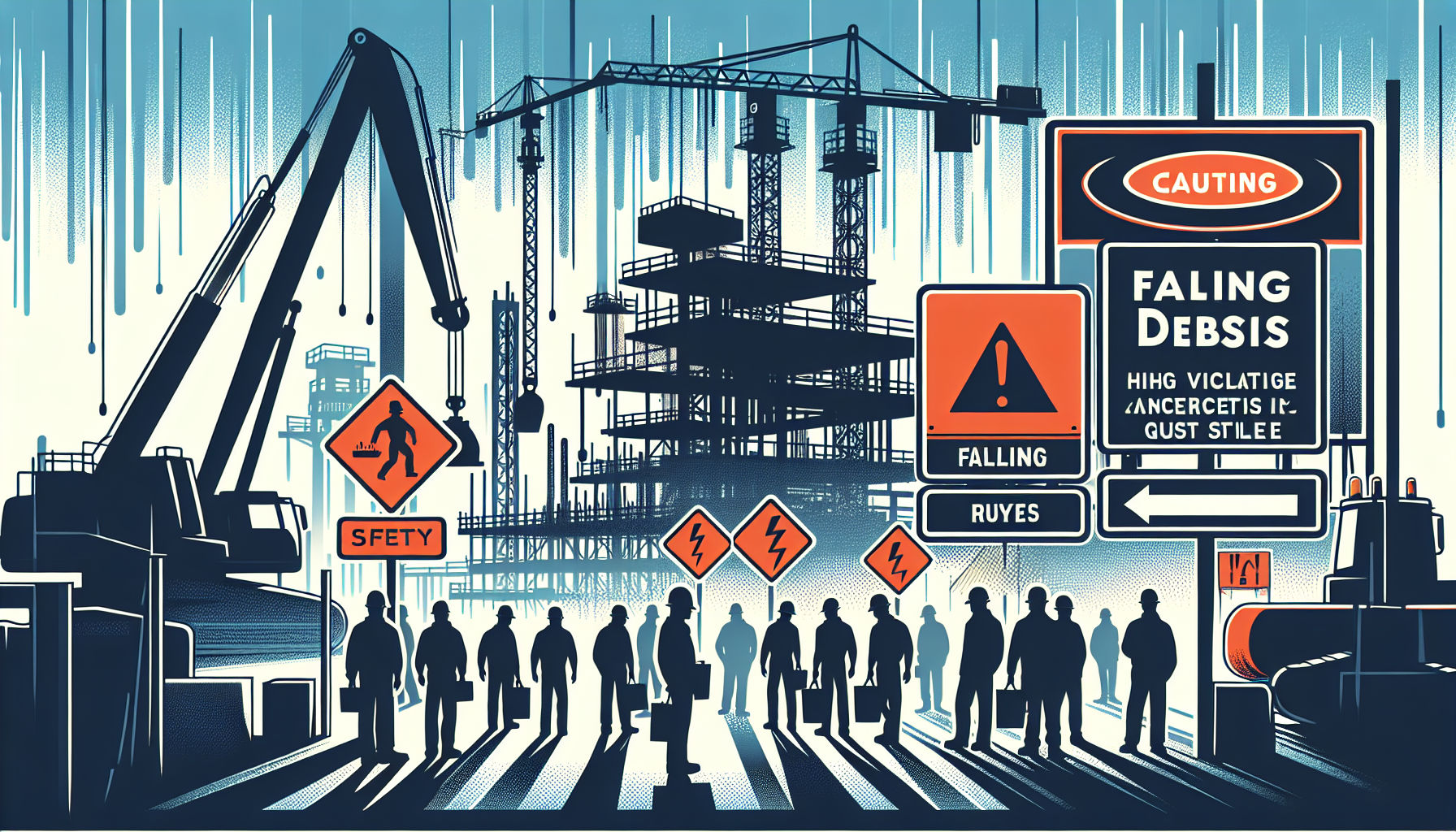 Illustration of construction site rules example with workers and safety signs