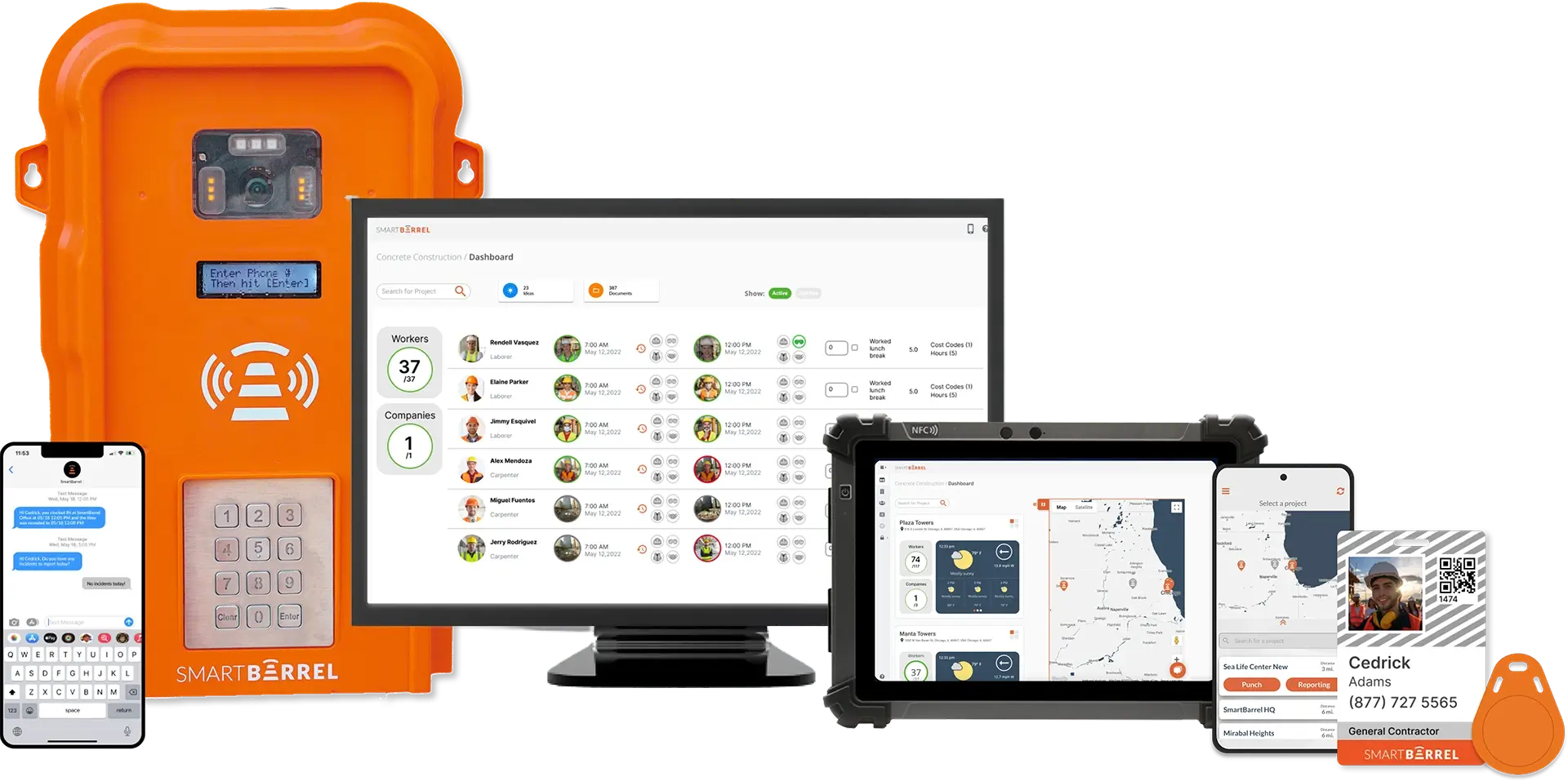 All SmartBarrel time tracking components, including broadcast messaging, time clock, software dashboard, weather monitoring, geofencing, and FOB.