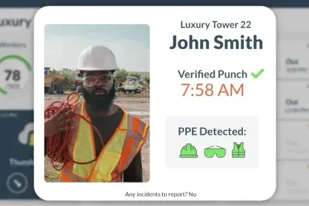 Biometric facial verification timecard is shown for each worker after successful sign-in.