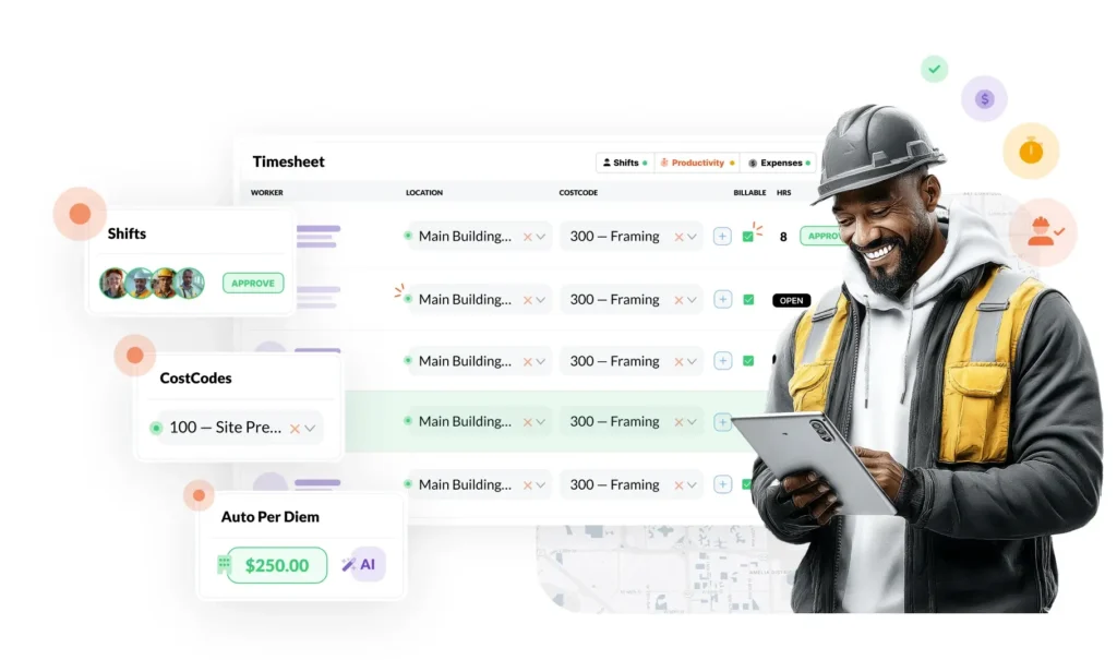 Construction worker logging their labor using cost codes with the SmartBarrel dashboard in the background.