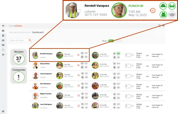 Screenshot displaying the time tracking software dashboard, highlighting the worker's punch-in