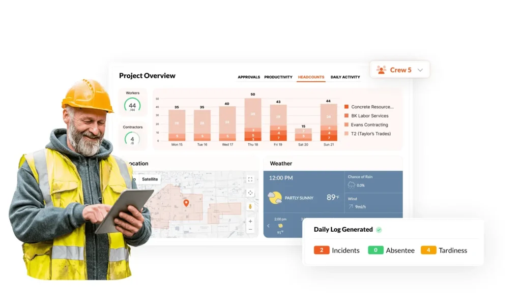 Construction worker is reviewing his project overview dashboard using the SmartBarrel software.