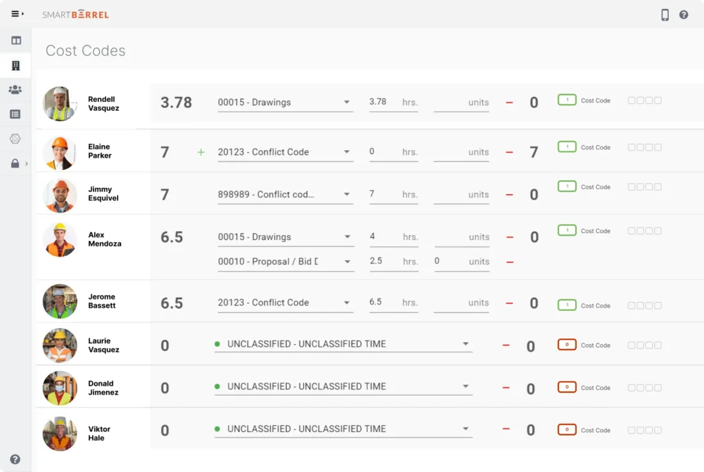 SmartBarrel time tracking software dashboard allows for easy cost code assignments