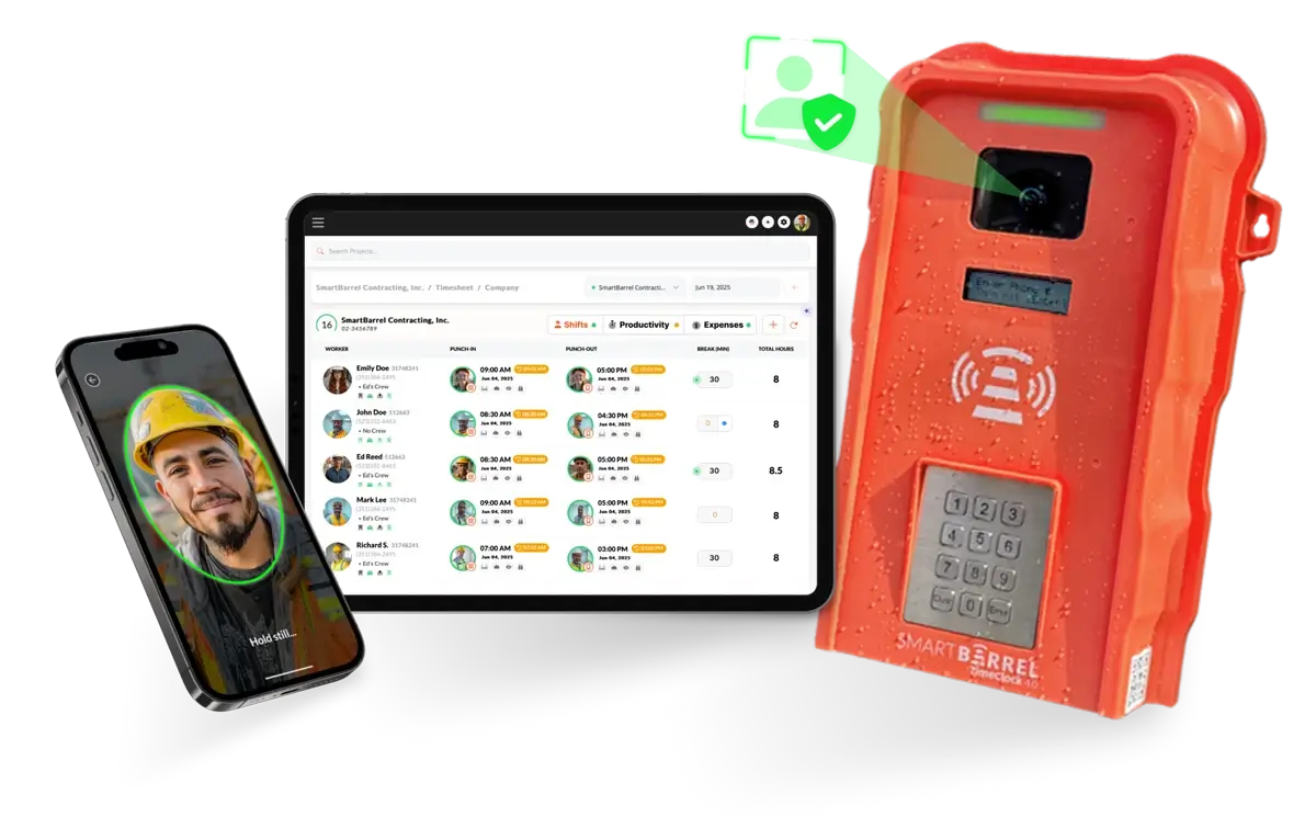 An image showing the SmartBarrel portable time clock, the SmartBarrel time tracking dashboard on a laptop screen and a phone showing the app interface and biometric facial verification.