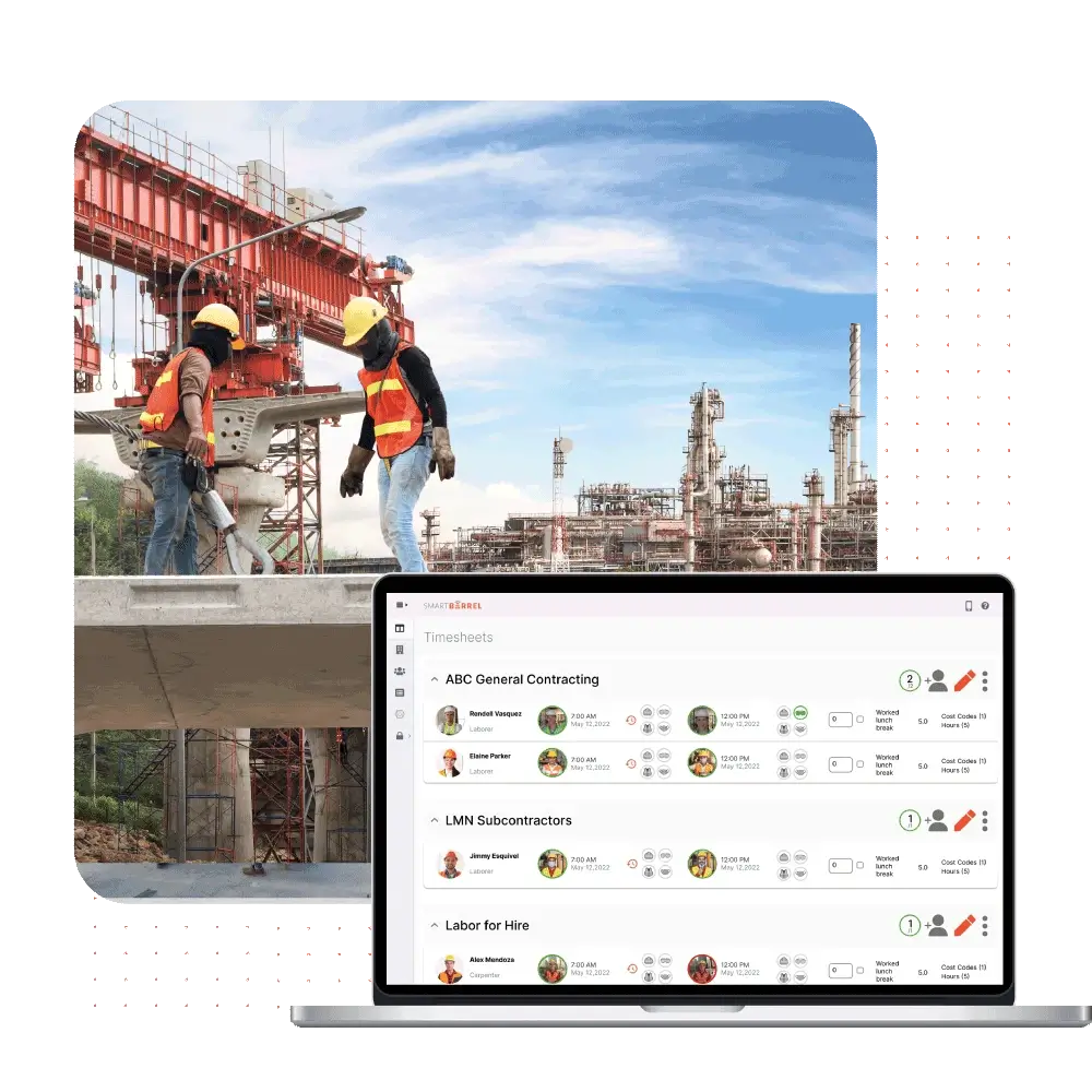A laptop displaying the time tracking dashboard with a background image of a commercial construction project.