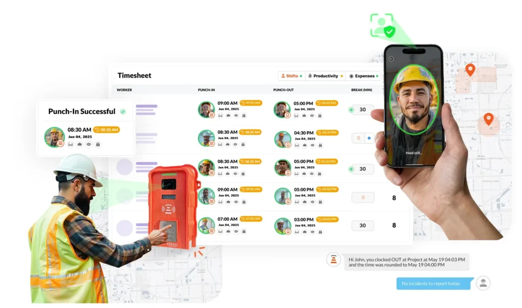 An image showing multiple views of how the SmartBarrel device and app capture facial verification and includes screenshots of the SmartBarrel dashboard in the background.