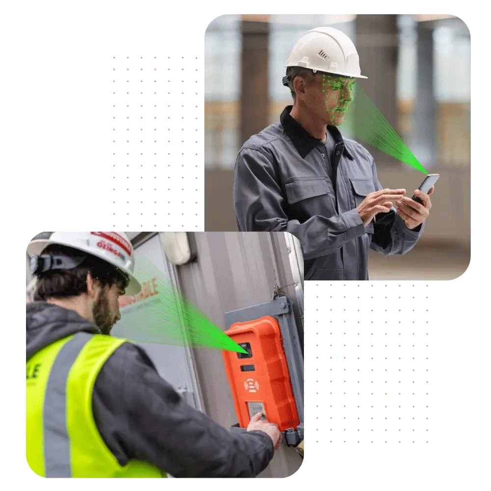 Construction workers clock in using the time clock and the timesheet app.