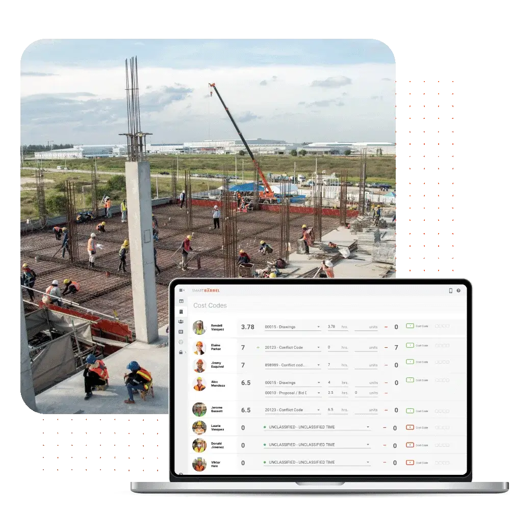 Commercial construction site showing different stages and trades with the SmartBarrel cost coding dashboard on a laptop screen.