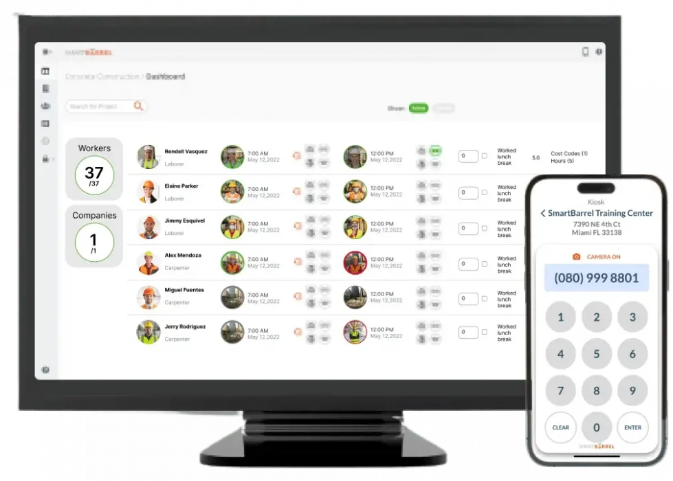 Cell phone displaying the timesheet app sign-in with a computer monitor displaying how it connects to the time tracking solution.